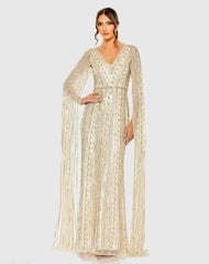Sequined V-Neck Gown with Cape Sleeves