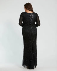 Black Long Sleeve V-Neck Beaded Fringe Gown