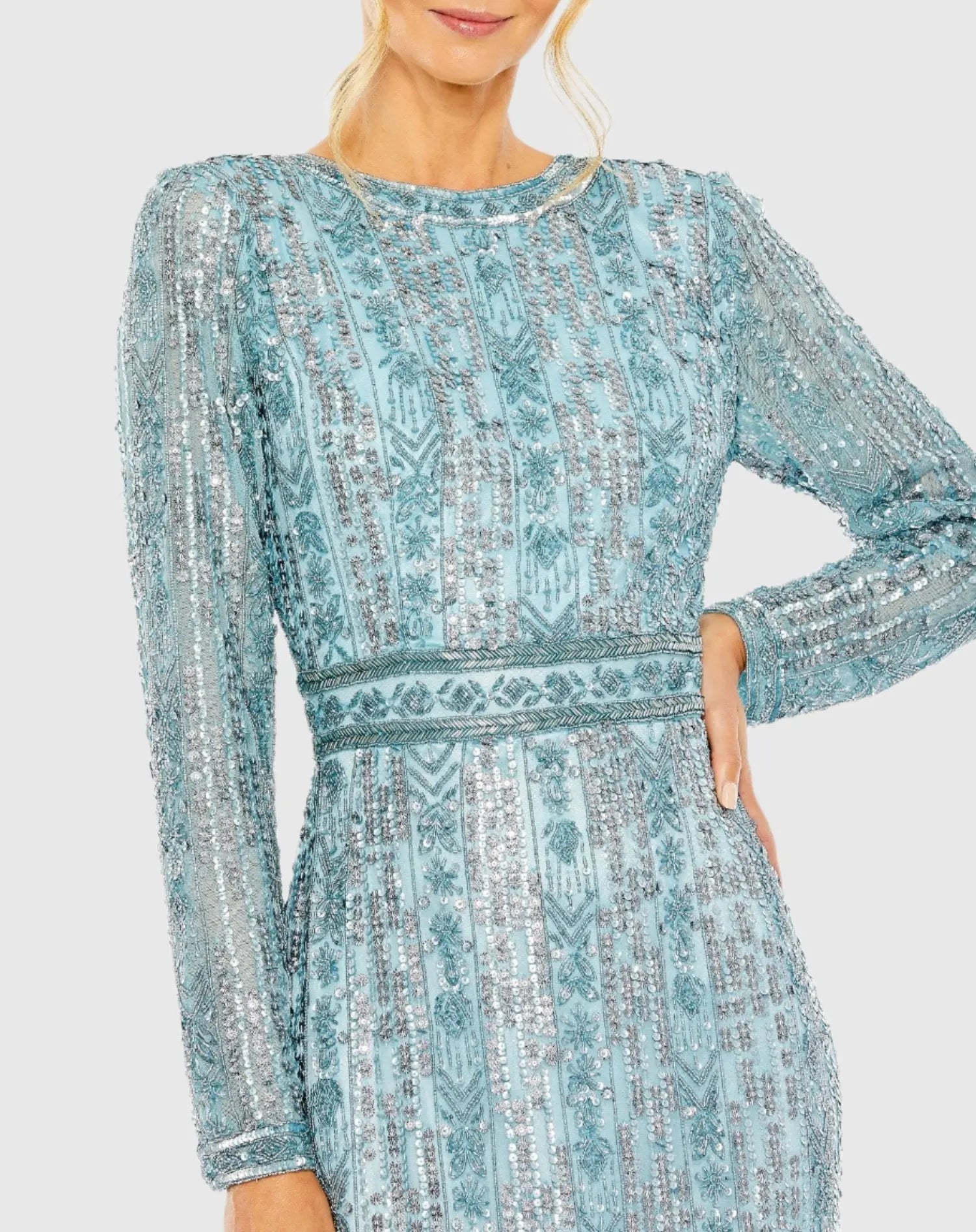 Blue Long Sleeve Beaded Gown with Crystal Fringe