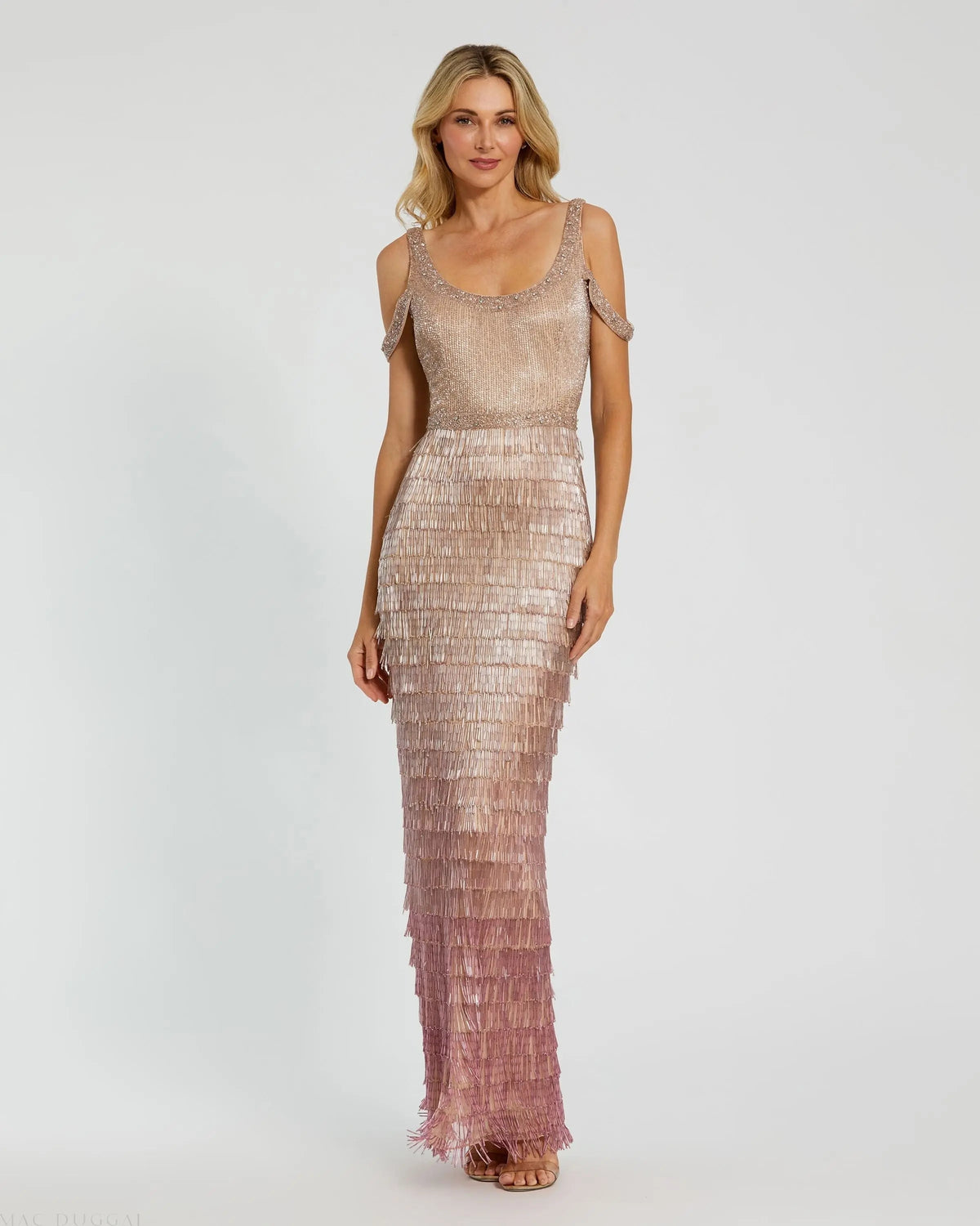 Pink Scoop Neck Embellished Fringe Gown