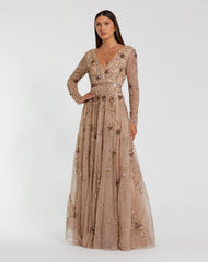 Beige Embellished Sheer Sleeve A-Line Gown