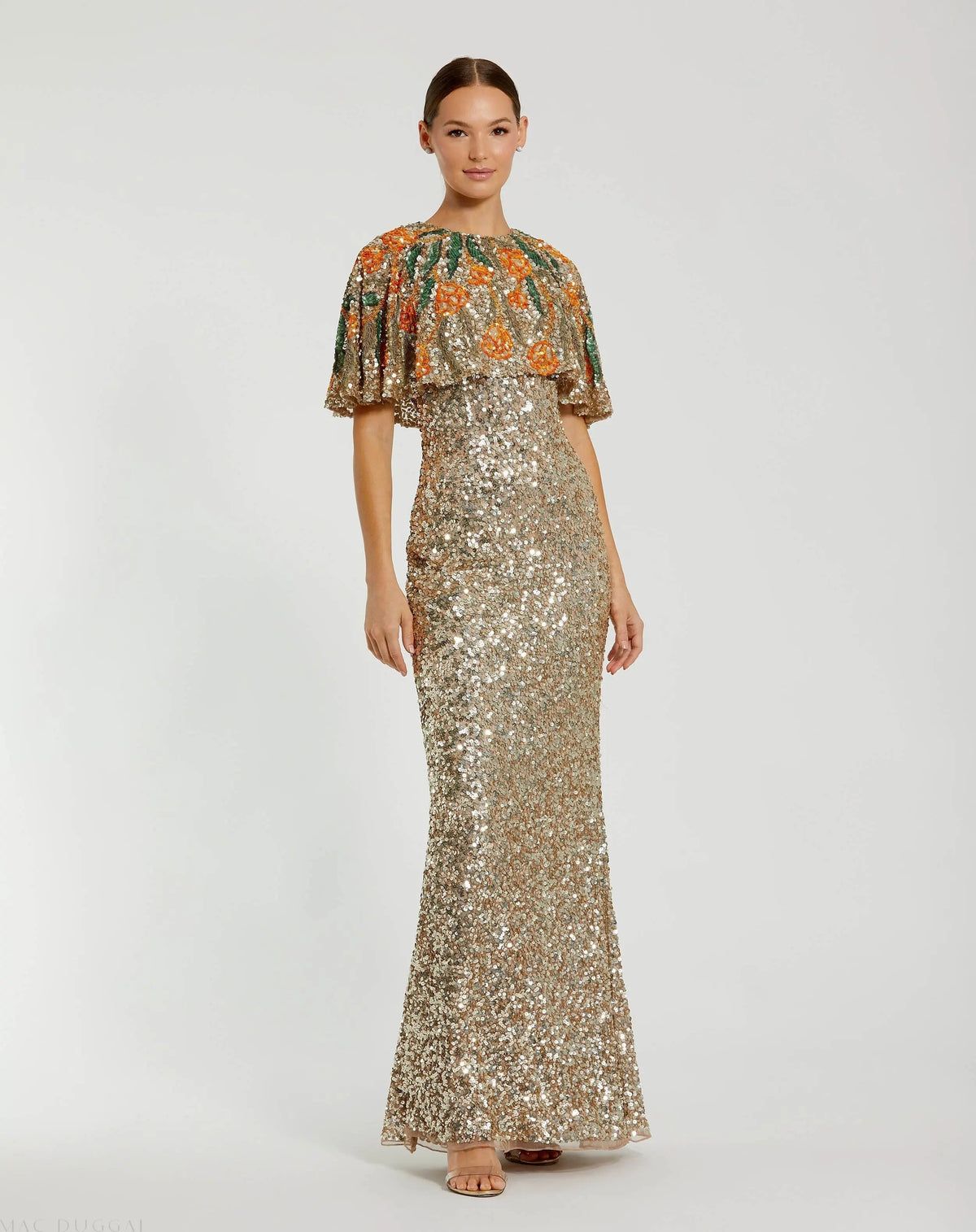 Gold Embellished Gown With Floral Beaded Shawl