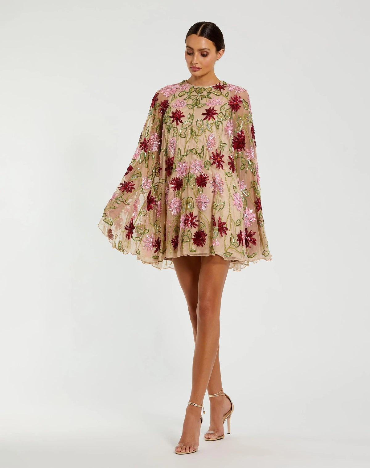 Beige Floral Embellished Shawl Mini Dress