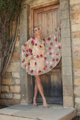 Beige Floral Embellished Shawl Mini Dress