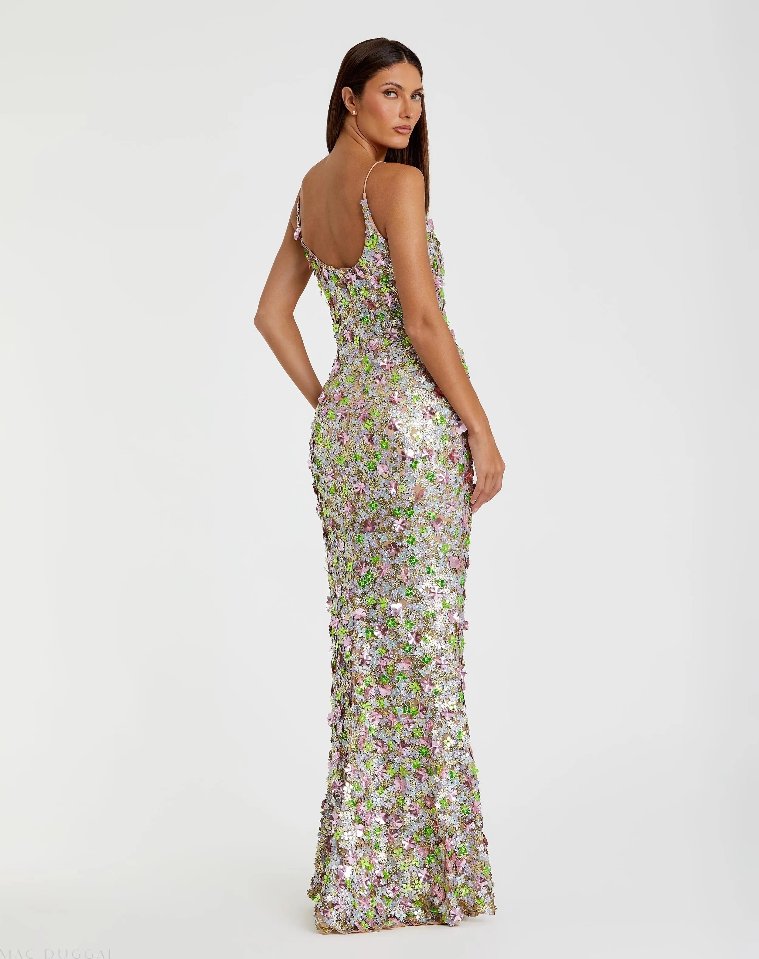 Multicolor Sleeveless Floral Paillette Embellished Mesh Gown