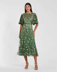Green Floral Embellished Flutter Sleeve Midi Dress