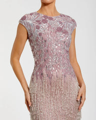 Purple Embellished Cap Sleeve Gown With Fringe Beading