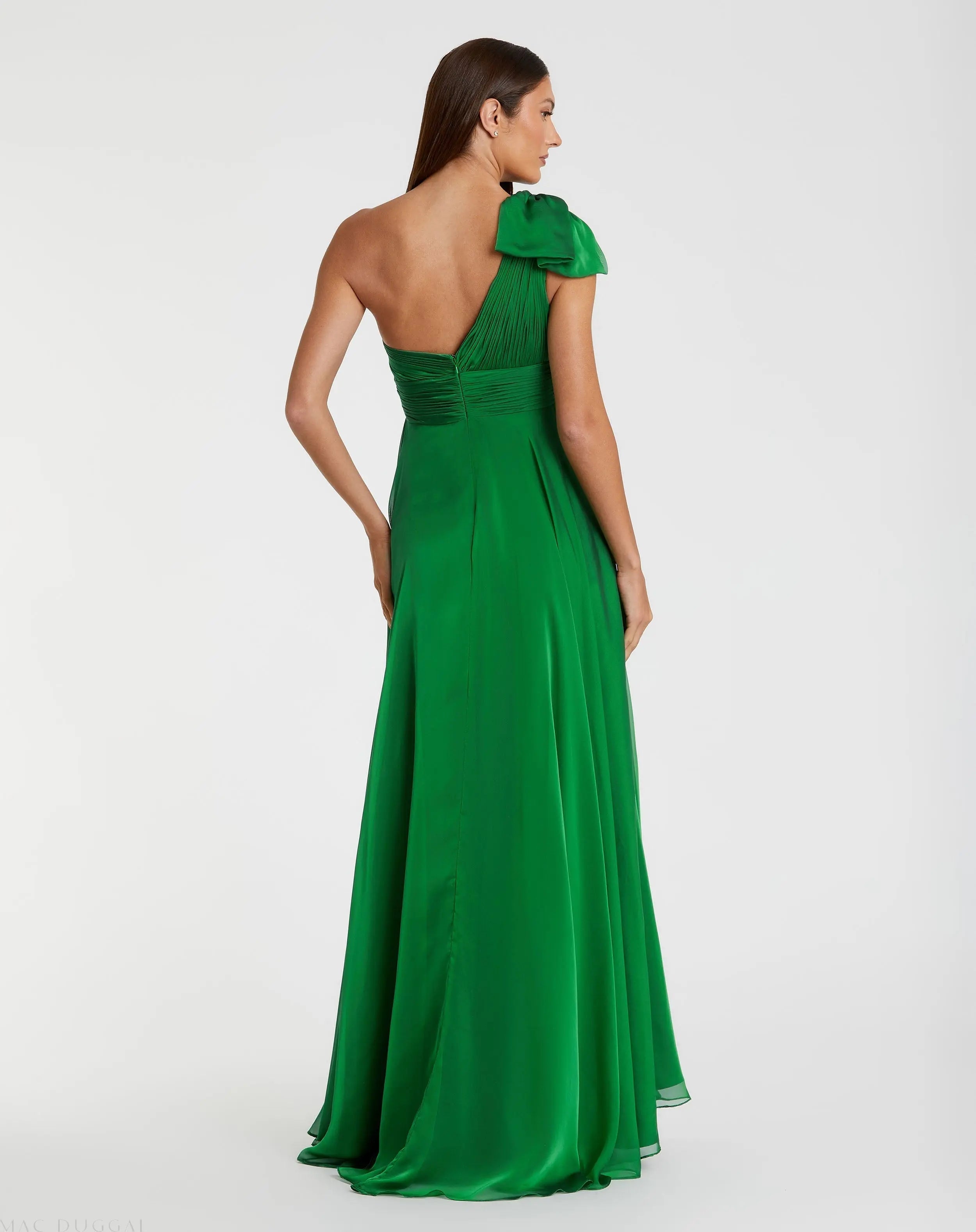Green Pleated One Shoulder Chiffon Gown