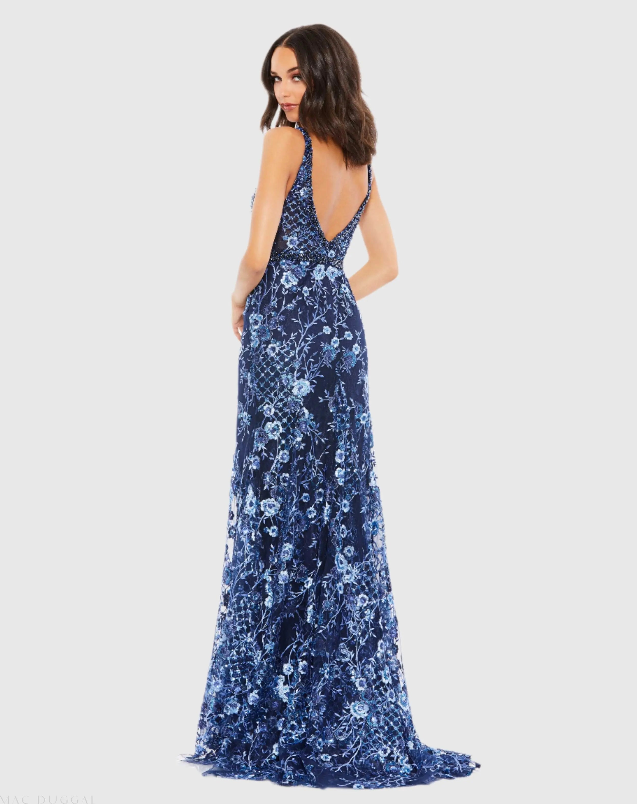 Dark Blue Floral Embellished Sleeveless Plunge Neck Gown