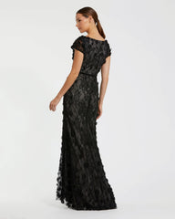 Black Floral Applique Boat Neck Cap Sleeve Gown
