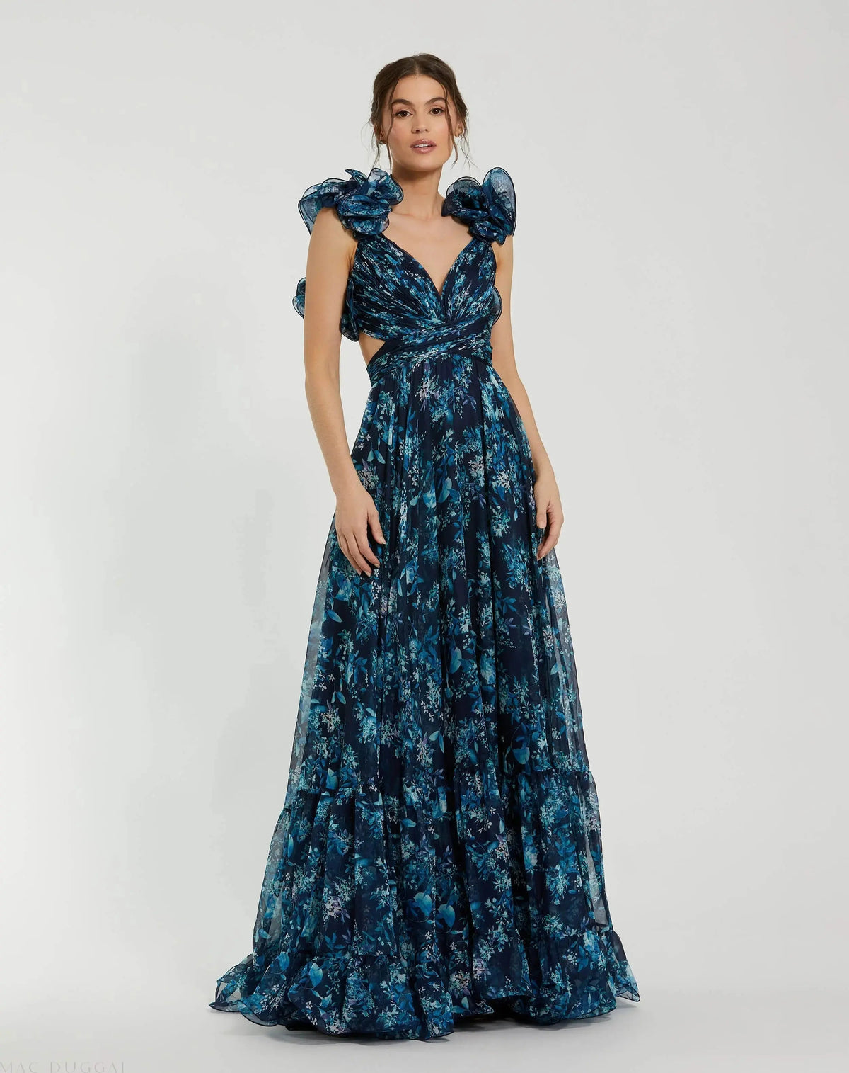 Navy Tiered Floral Cut-Out Chiffon Gown
