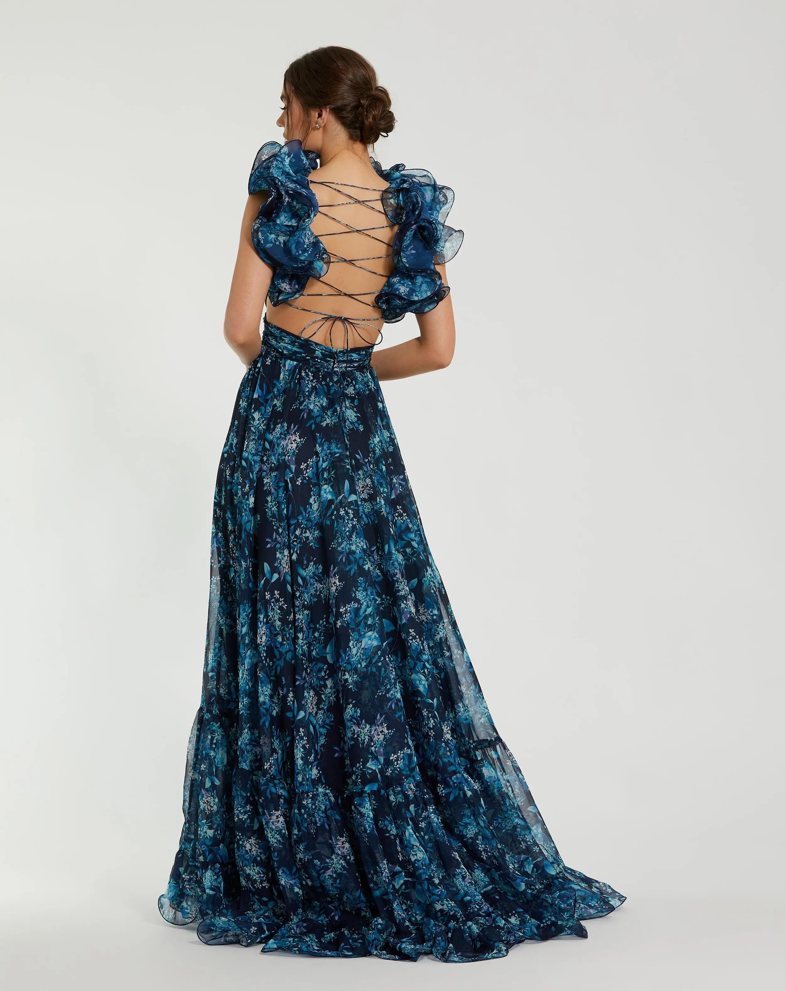 Navy Tiered Floral Cut-Out Chiffon Gown
