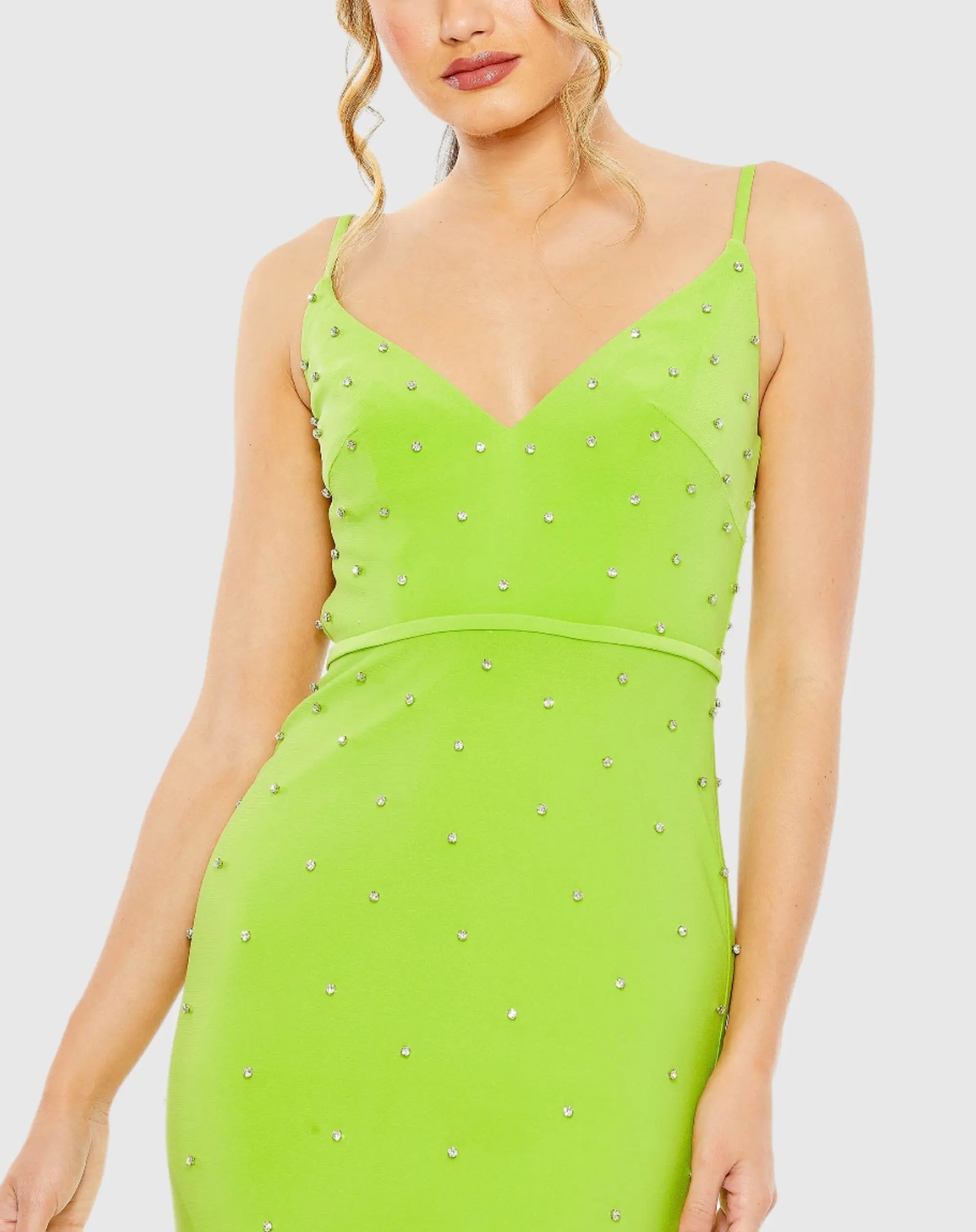 Green Rhinestone Embellished V-Neck Gown