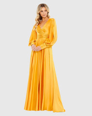 Flowy Split Bishop Sleeve Faux Wrap Gown