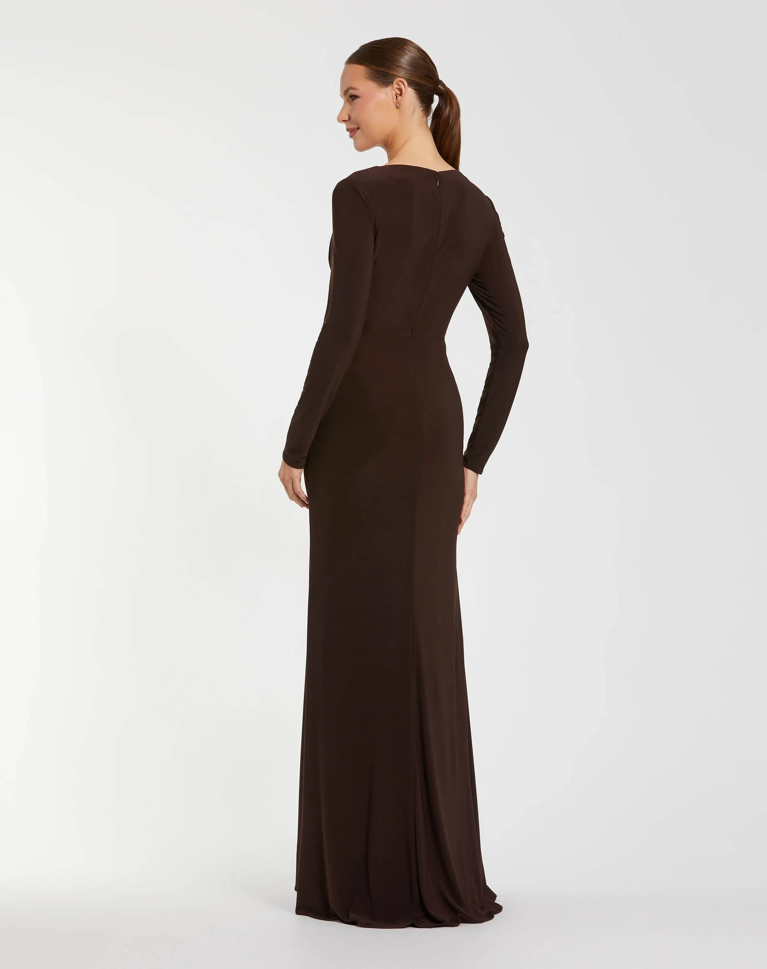 Brown Faux Wrap Long Sleeve Evening Gown with Appliqué Detail