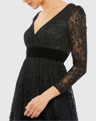 Black Lace Long Sleeve V-Neck Wrap Over Gown