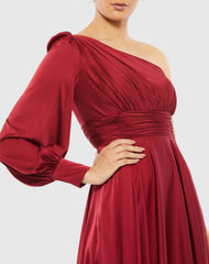 Red One Shoulder Bishop Sleeve Flowy Gown