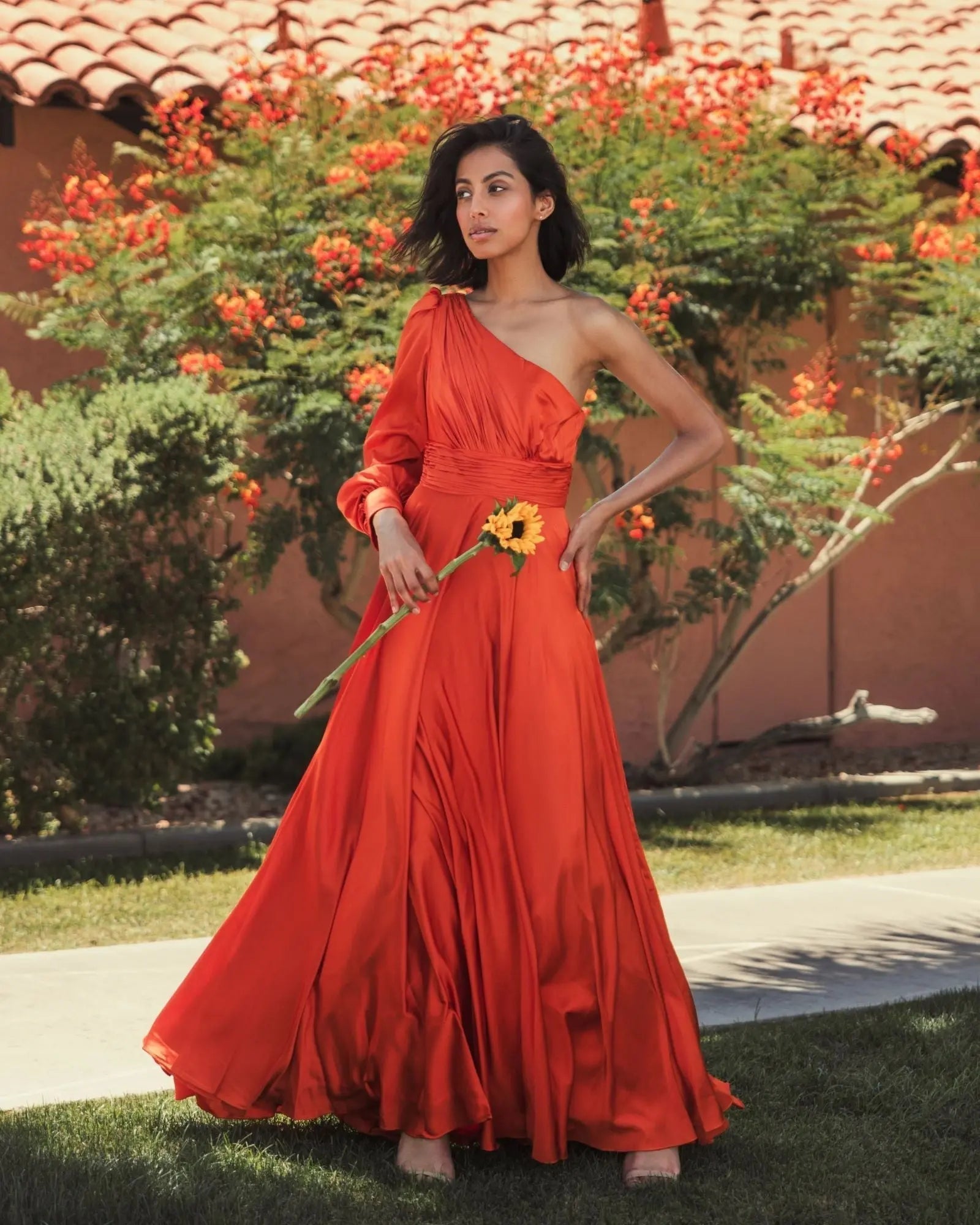 Orange One Shoulder Bishop Sleeve Flowy Gown - FINAL SALE