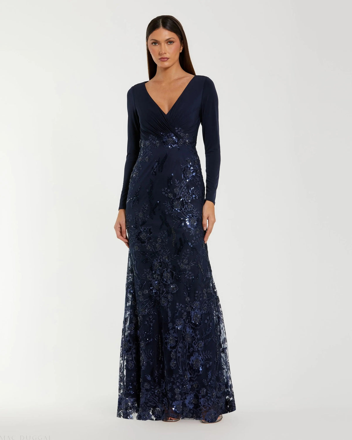 Navy Embellished Long Sleeve Wrap Over Trumpet Gown