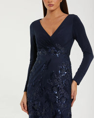 Navy Embellished Long Sleeve Wrap Over Trumpet Gown