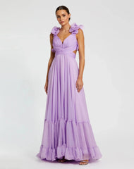 Purple Ruffle Tiered Cut-Out Chiffon Gown
