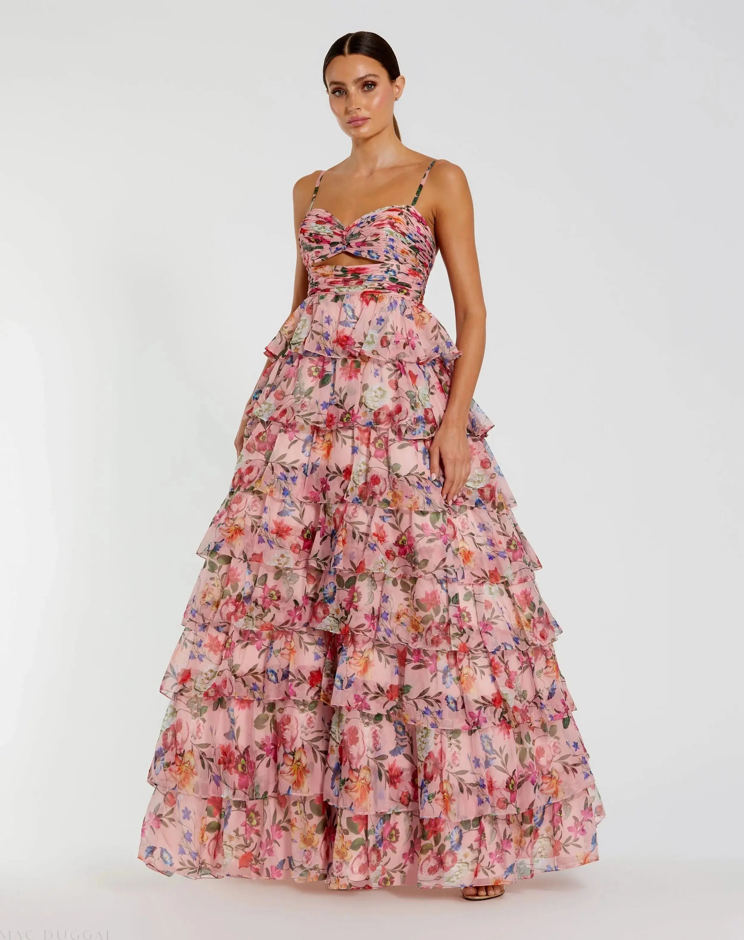 Floral Cut Out Ruffle Tiered Gown