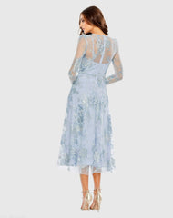 Blue Embellished Illusion Long Sleeve Midi Dress