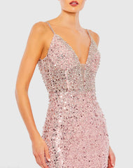 Pink Embellished Plunge Neck Sleeveless Trumpet Gown