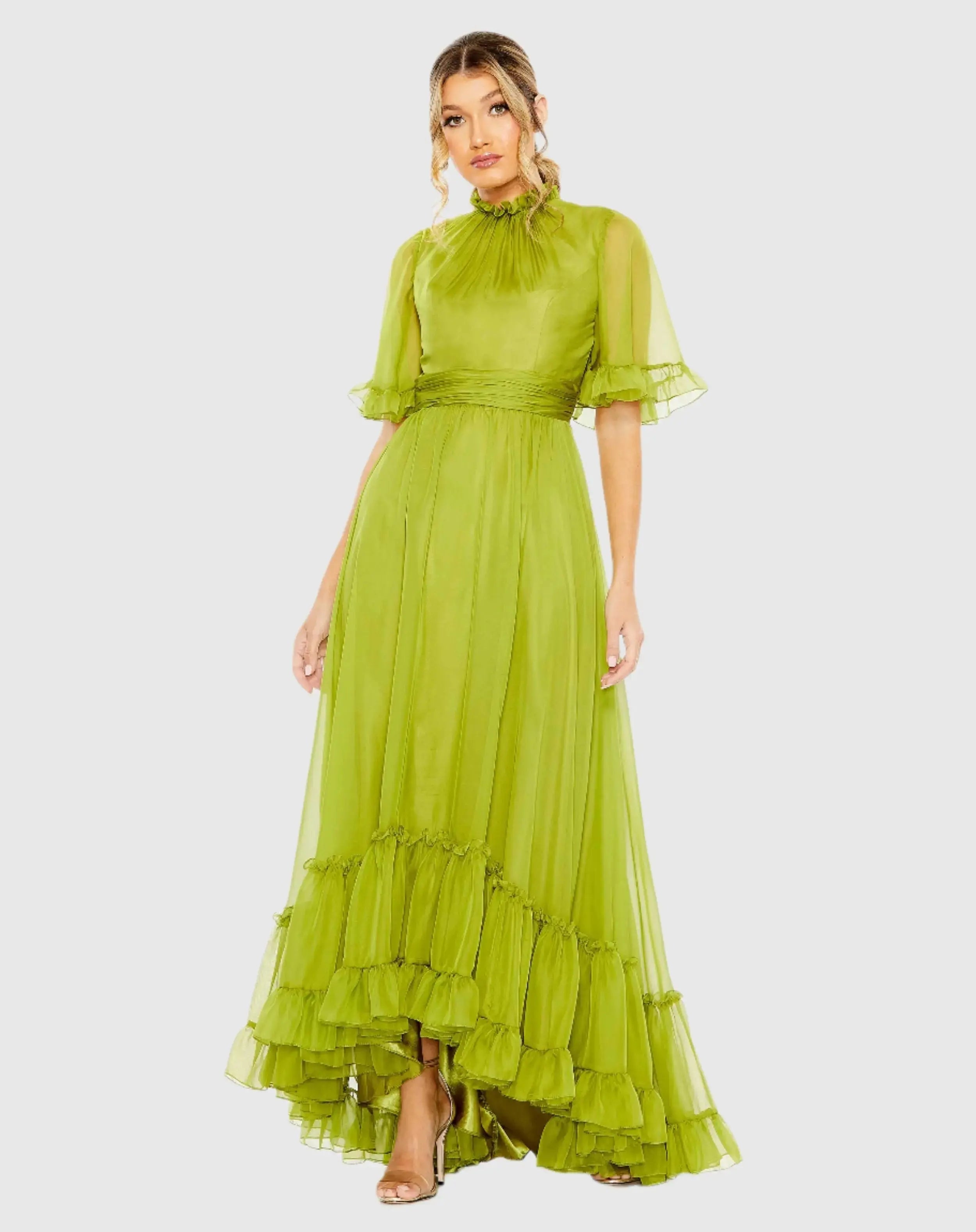 Ruffled Mock Neck Flutter Sleeve High Low Hem Gown