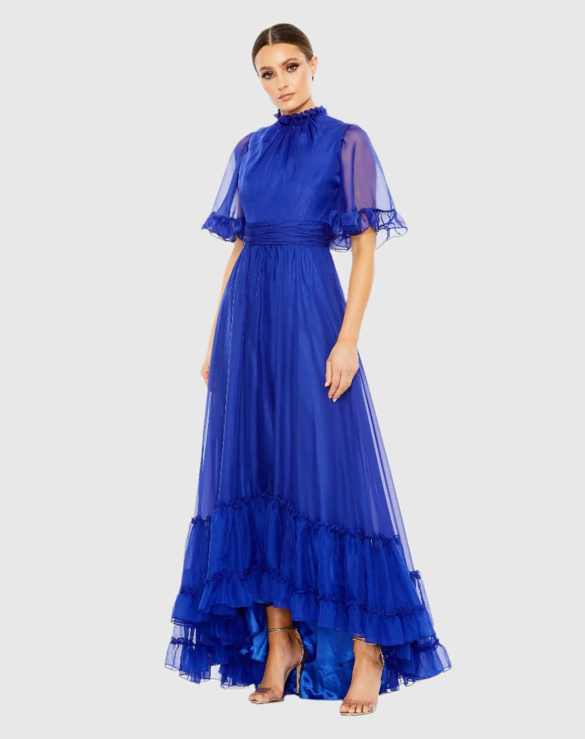 Ruffled Mock Neck Flutter Sleeve High Low Hem Gown