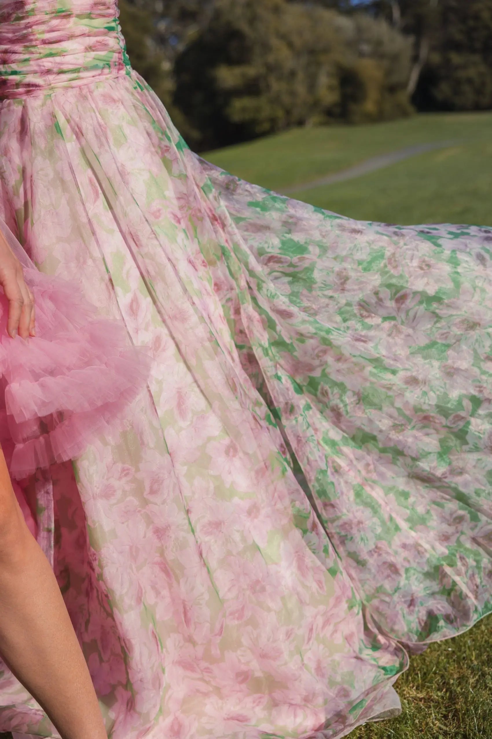 Pink Strapless Chiffon Gown With Ruched Detail