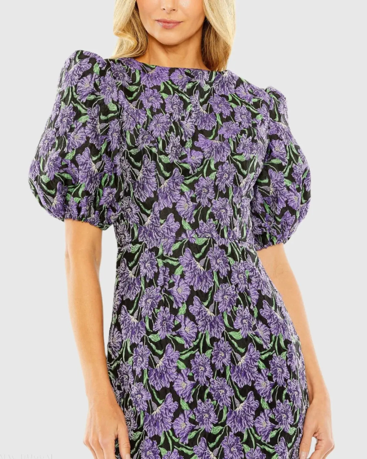 Purple and Black Bubble Sleeve Brocade Mini Dress