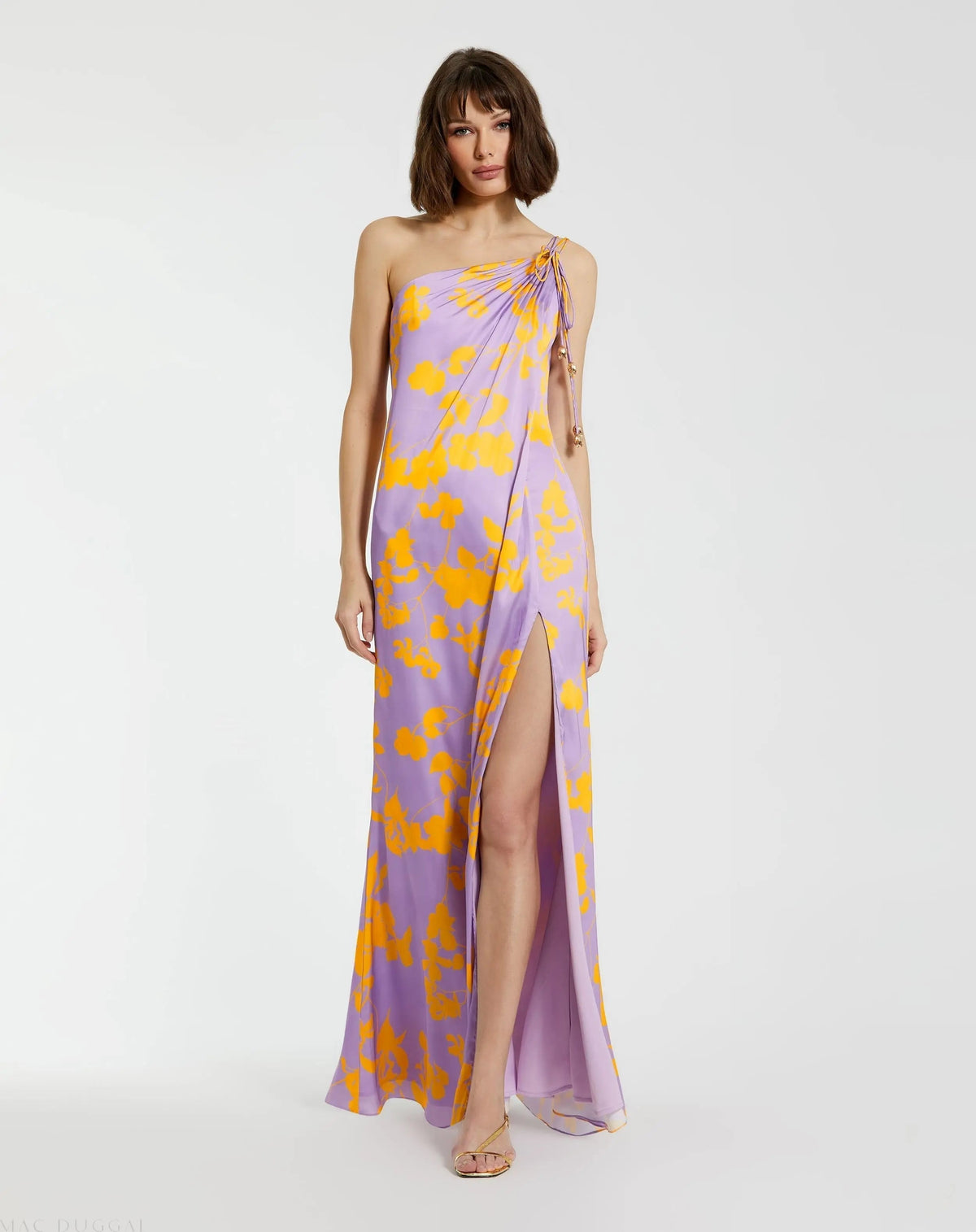Purple Orchid Floral Printed Charmeuse One Shoulder Maxi Dress With Slit