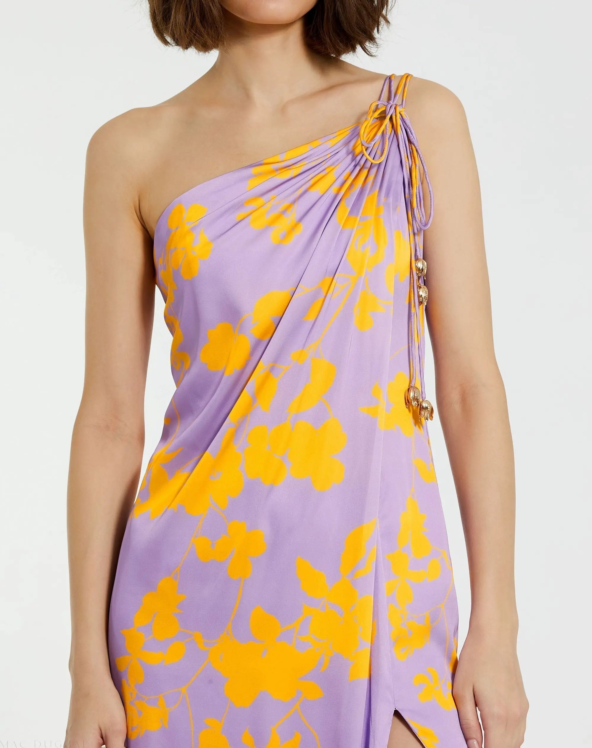 Purple Orchid Floral Printed Charmeuse One Shoulder Maxi Dress With Slit