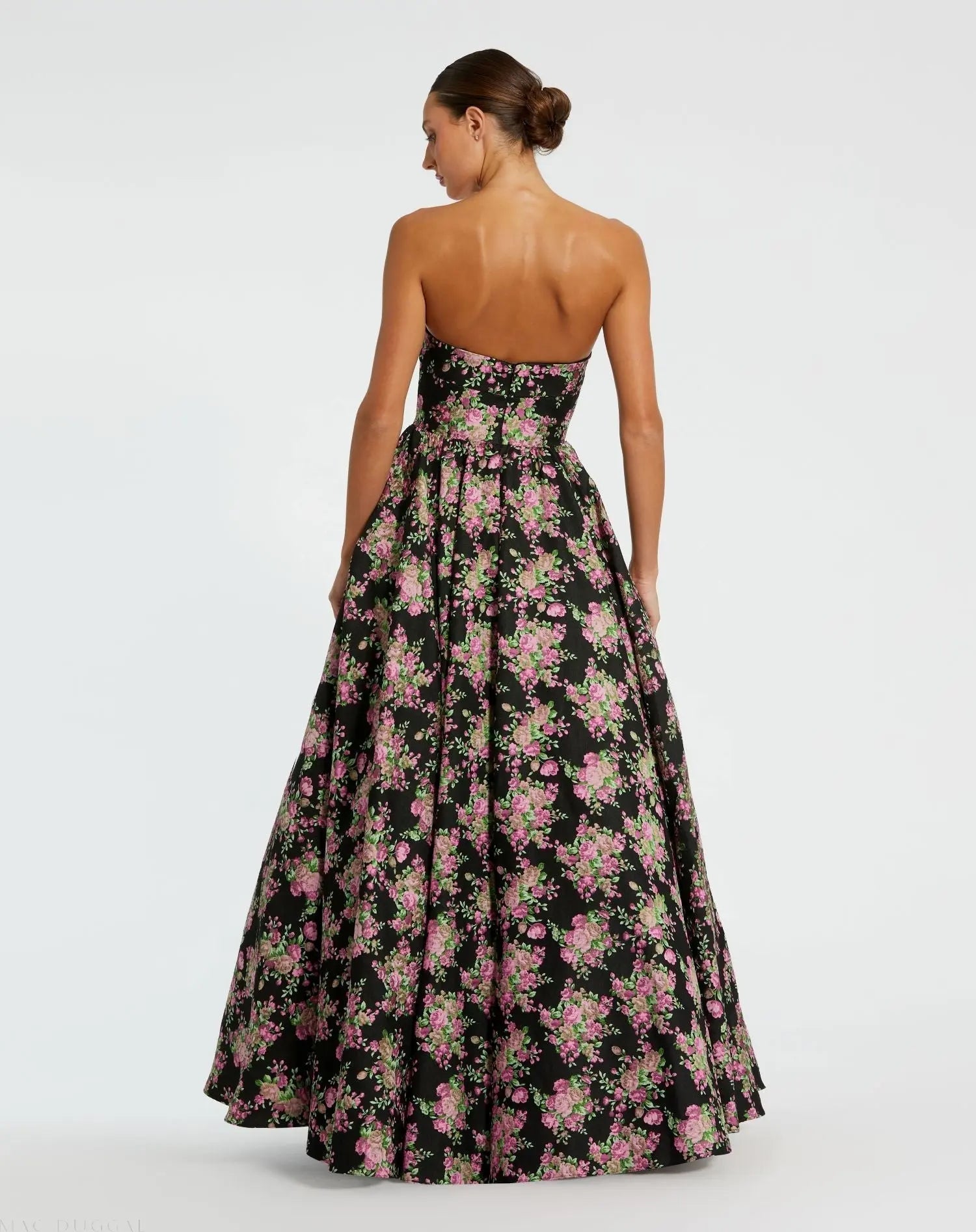 Black Strapless Sweetheart Brocade Floral Ballgown