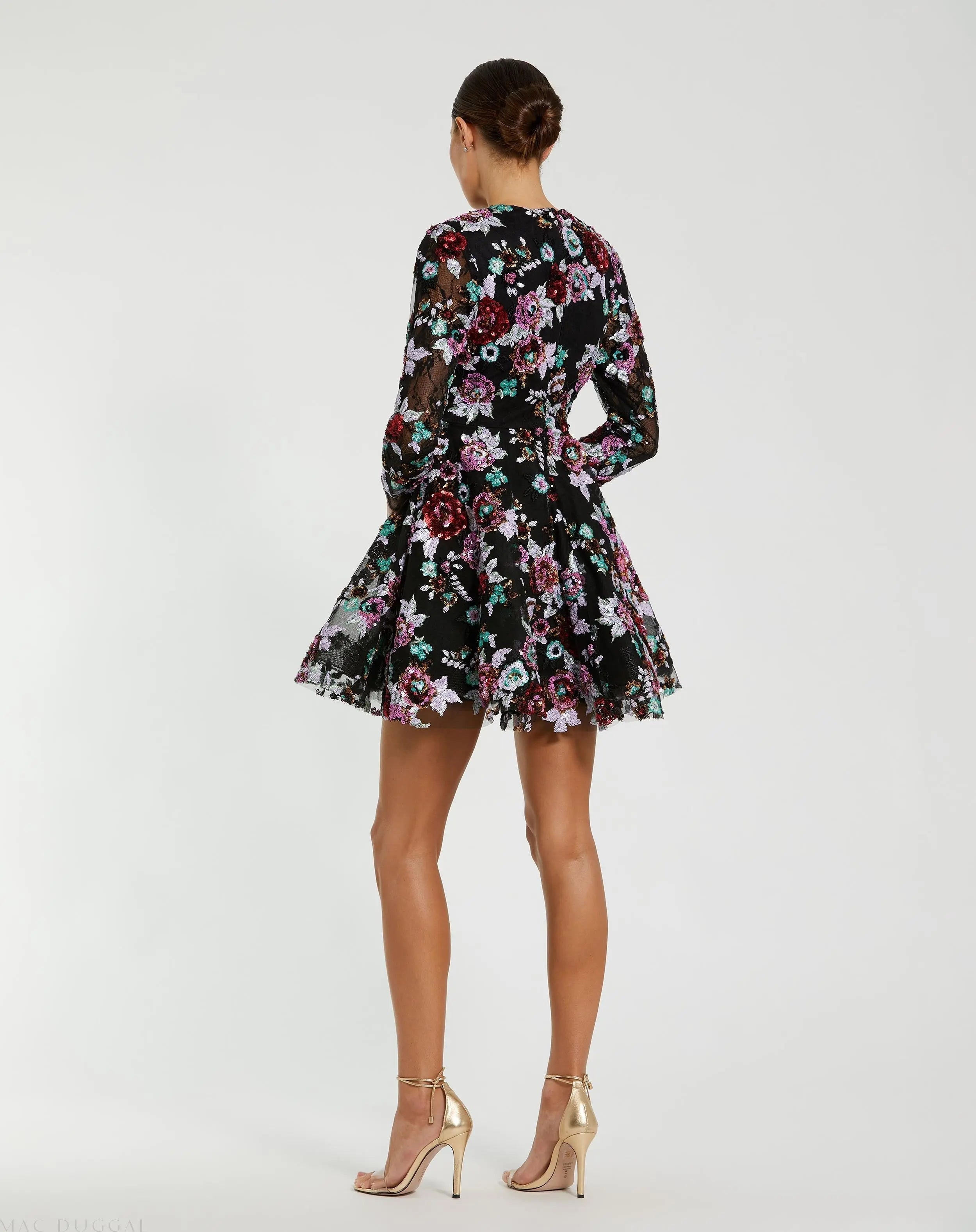 Black High Neck Long Sleeve Sequin A Line Mini Dress