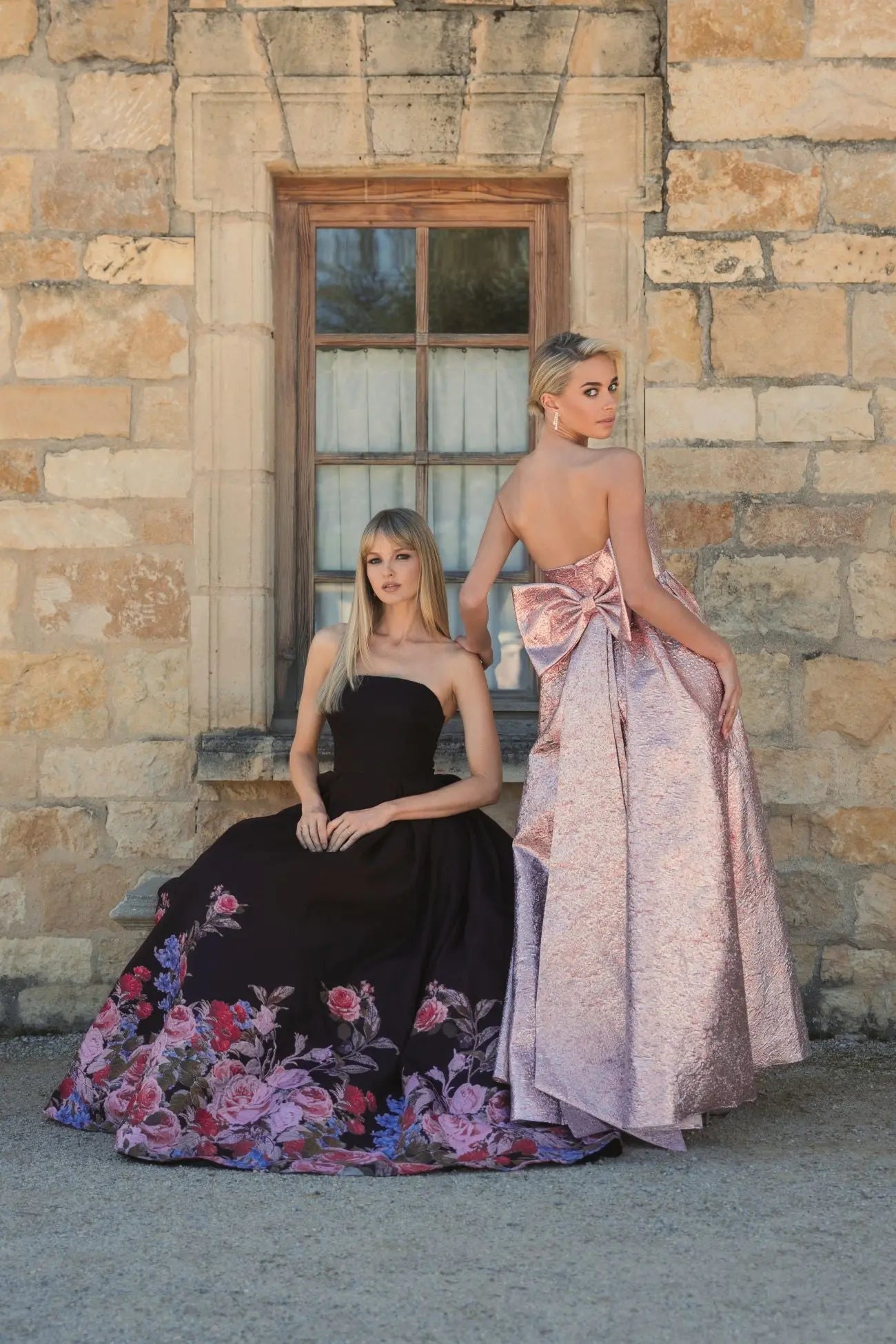 Black Strapless Floral Brocade Ballgown