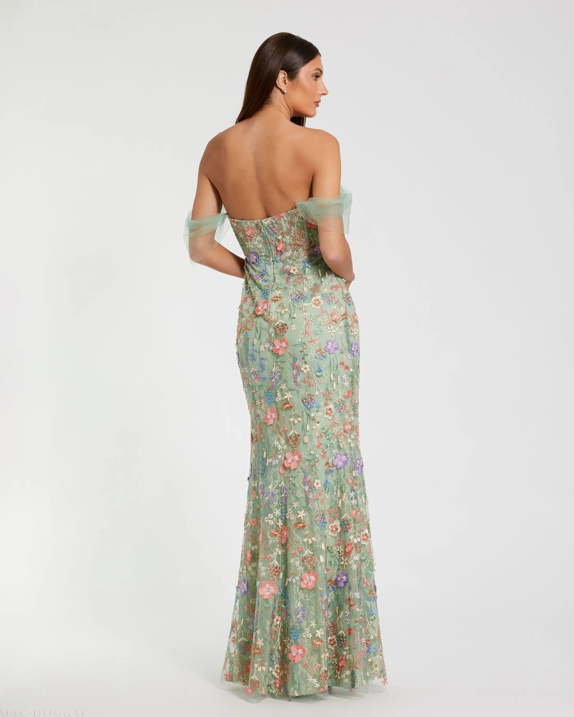 Green Off-the-Shoulder Bustier Floral Column Gown