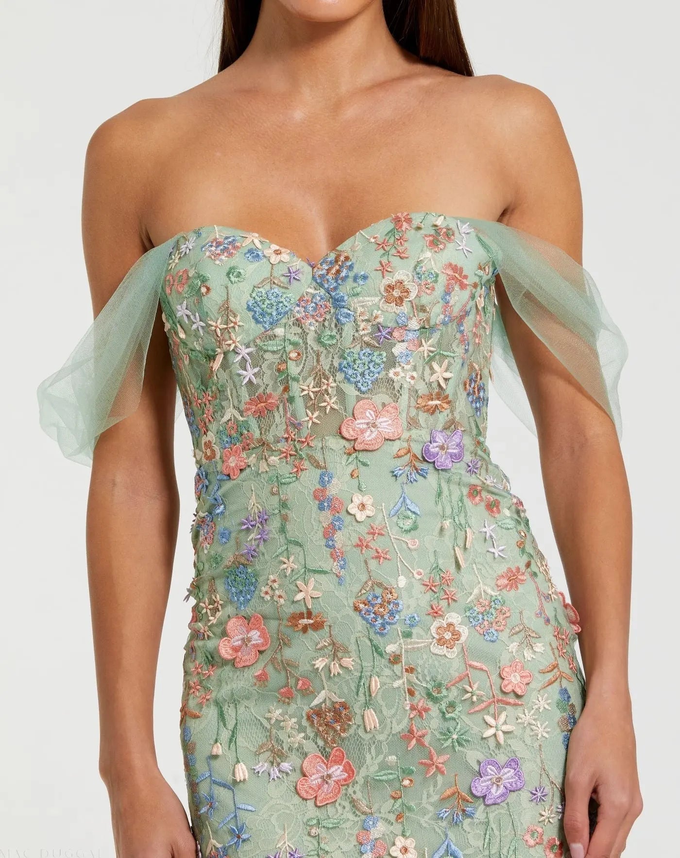 Green Off-the-Shoulder Bustier Floral Column Gown