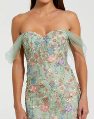 Green Off-the-Shoulder Bustier Floral Column Gown