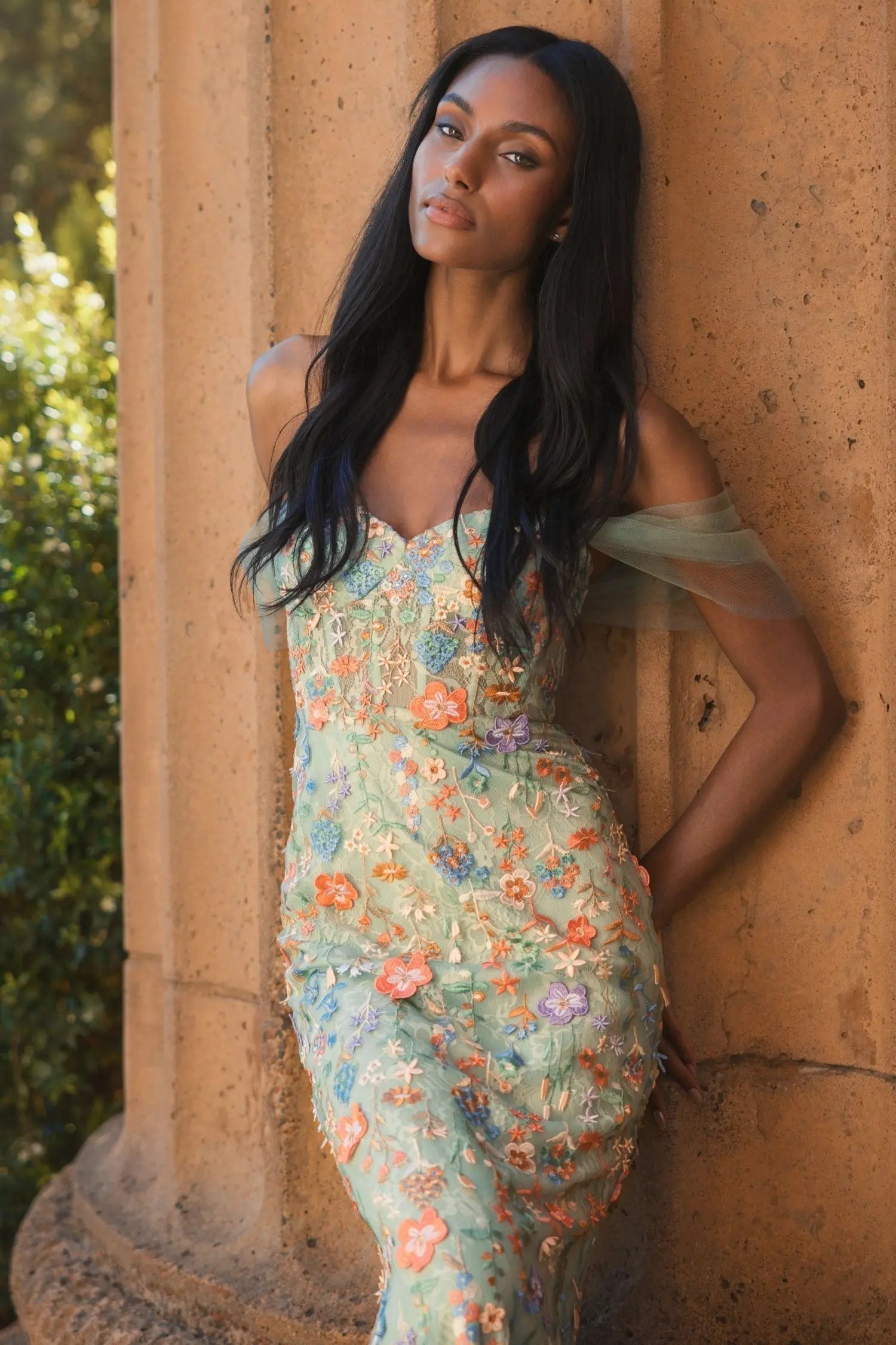 Green Off-the-Shoulder Bustier Floral Column Gown