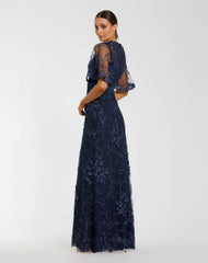Navy Flutter Sleeve Floral Embroidered Net Gown