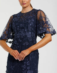 Navy Flutter Sleeve Floral Embroidered Net Gown