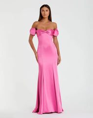 Pink Off-the-Shoulder Satin Trumpet Gown with Bows