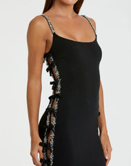 Black Thin Strap Jersey Gown With Bow Details