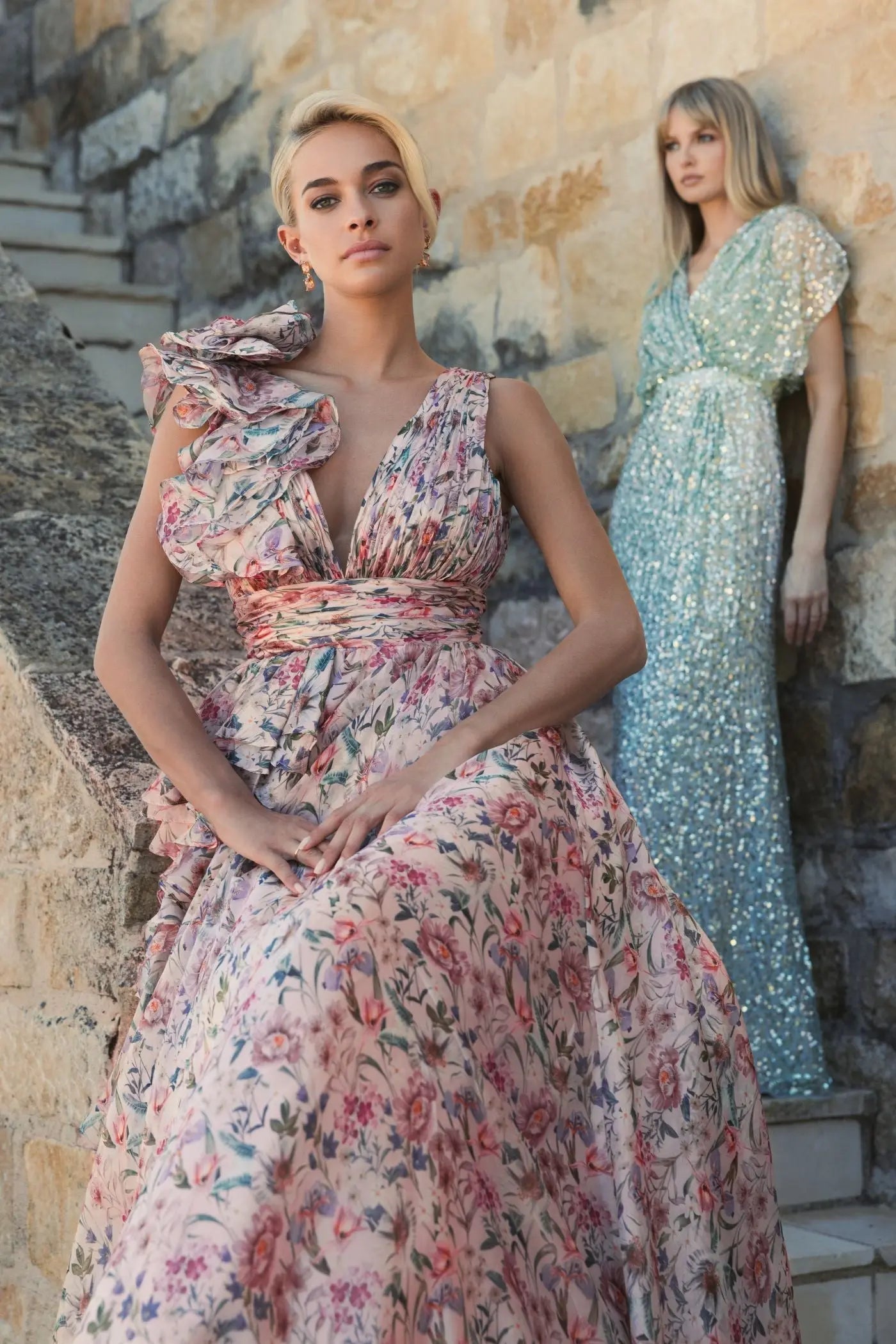 Pink Sleeveless V-Neck Floral Chiffon Ruffle Ball Gown