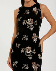 Black Sleeveless Floral Embellished Velvet Evening Gown