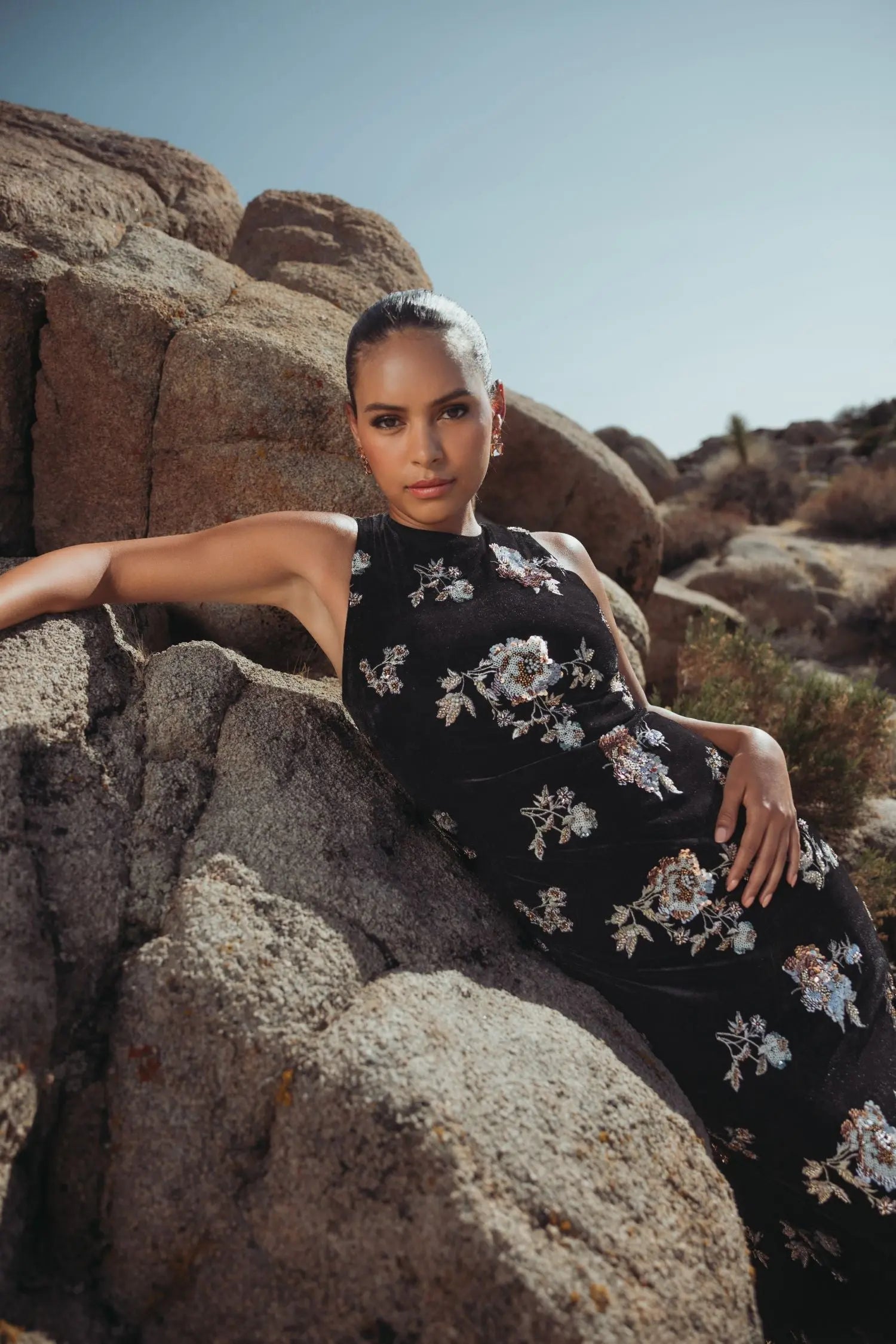 Black Sleeveless Floral Embellished Velvet Evening Gown