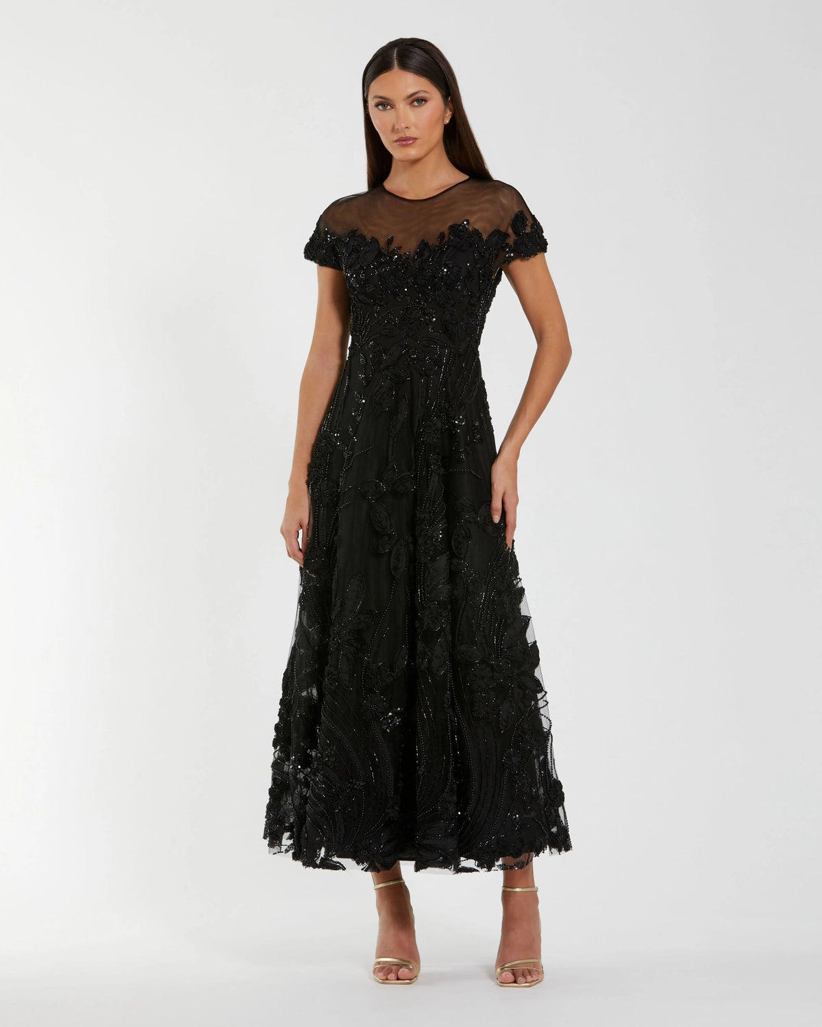 Black Embellished Lace Illusion Neck A-Line Midi Dress