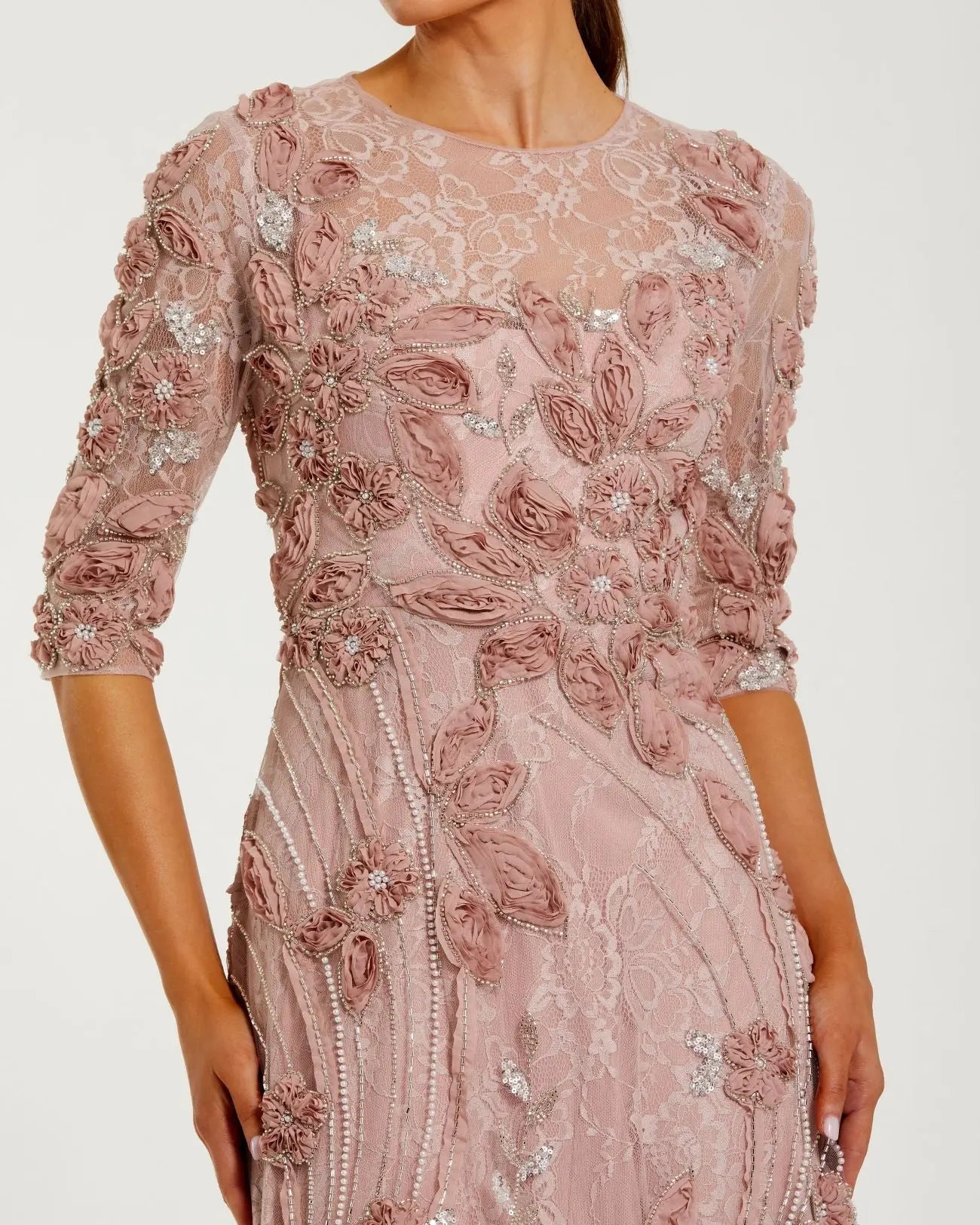 Pink High Neck Embellished Lace Gown with 3/4 Sleeves